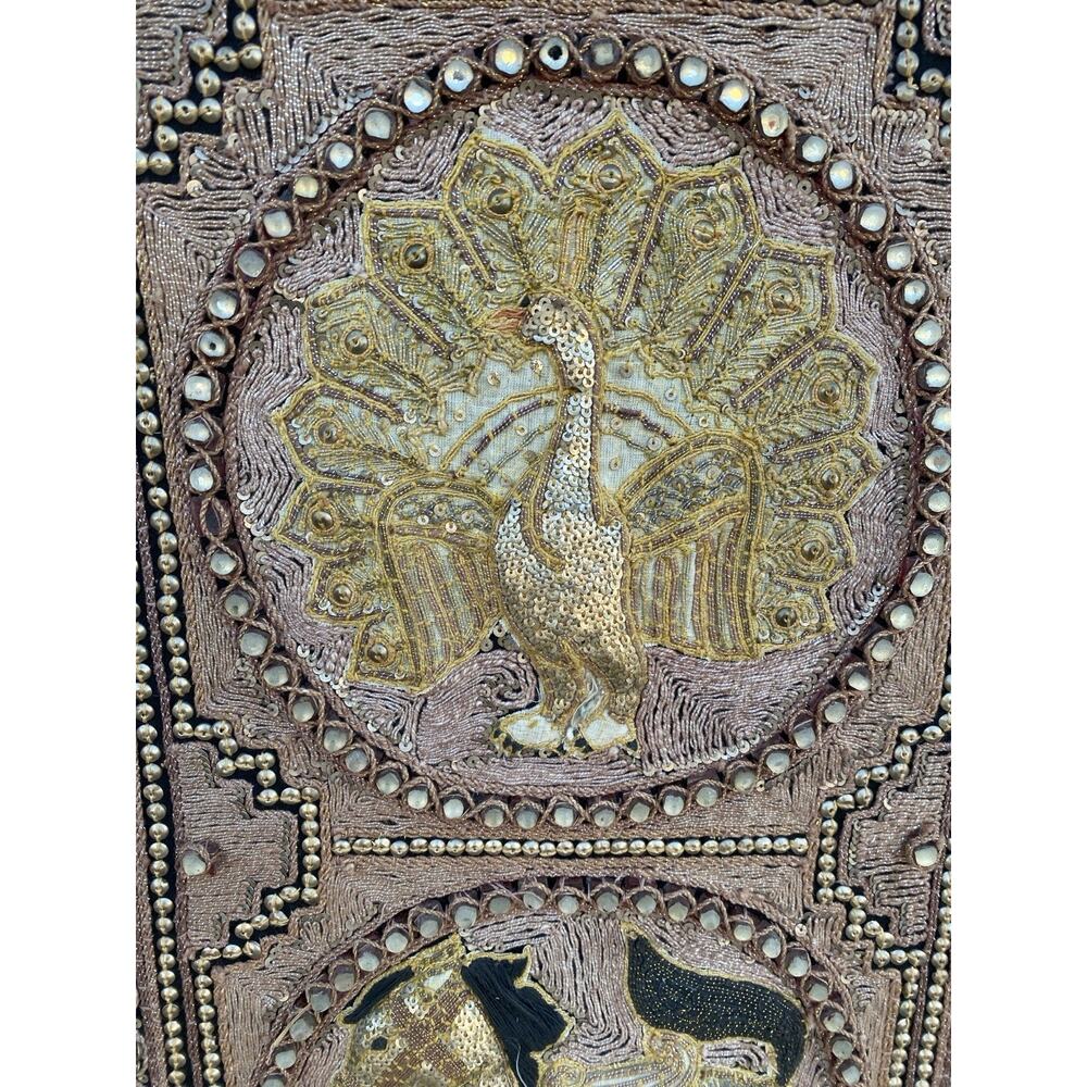 Vtg Burmese Thai Kalaga Tapestry Wall Art Elephant Peacock Lion Beaded 54” Large - Picture 15 of 16